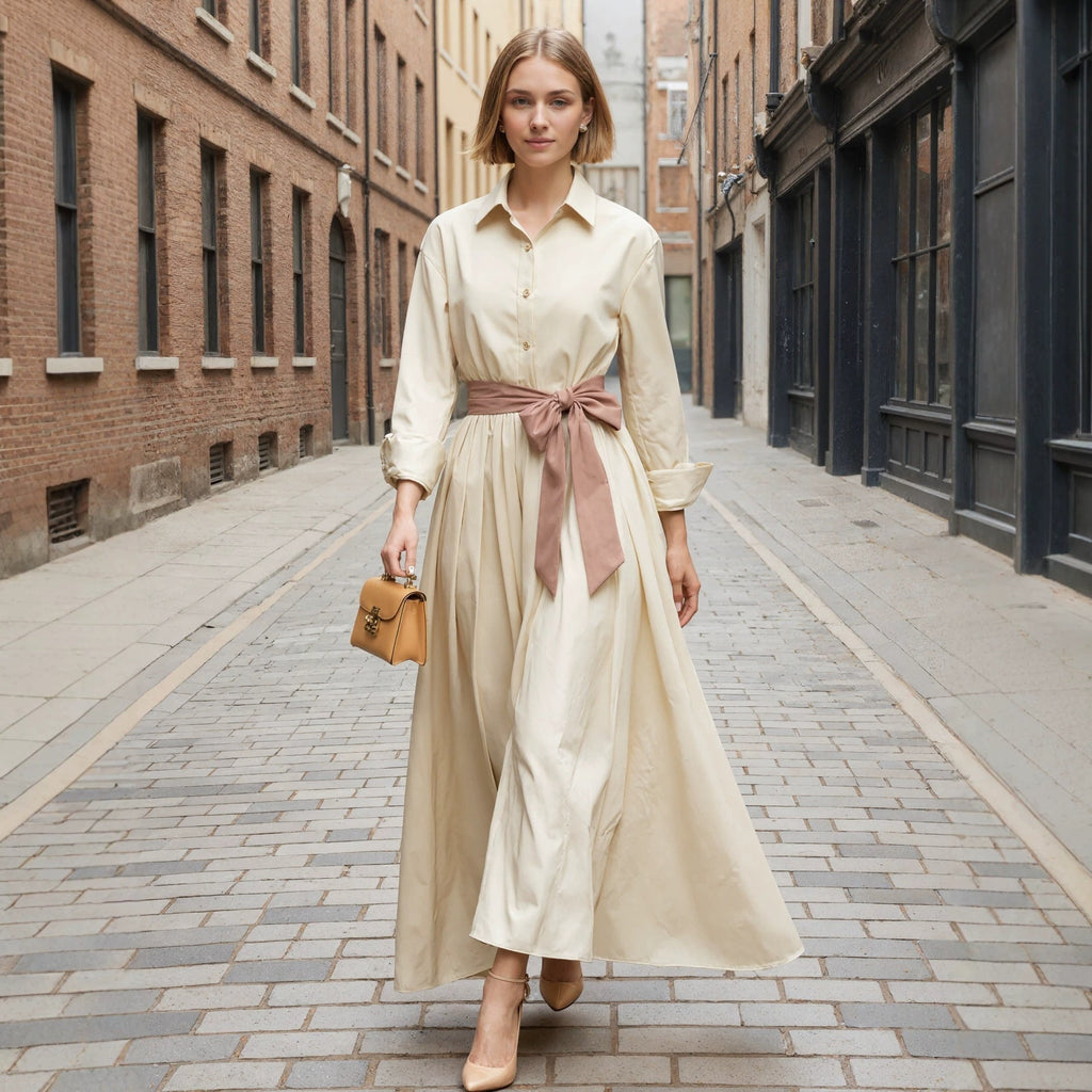 Long Sleeve Polo Collar High Waist Maxi Dress for Women – Solid Color Button Dress