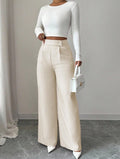 Women's High-Waist Straight-Leg Pants – Solid Color Button Detail Full Length