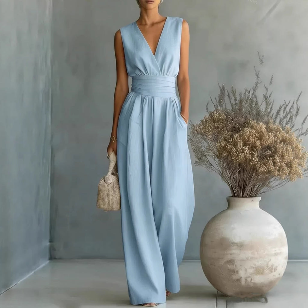 Women's Elegant V-Neck Sleeveless Jumpsuit – Waist-Cinching Straight Leg