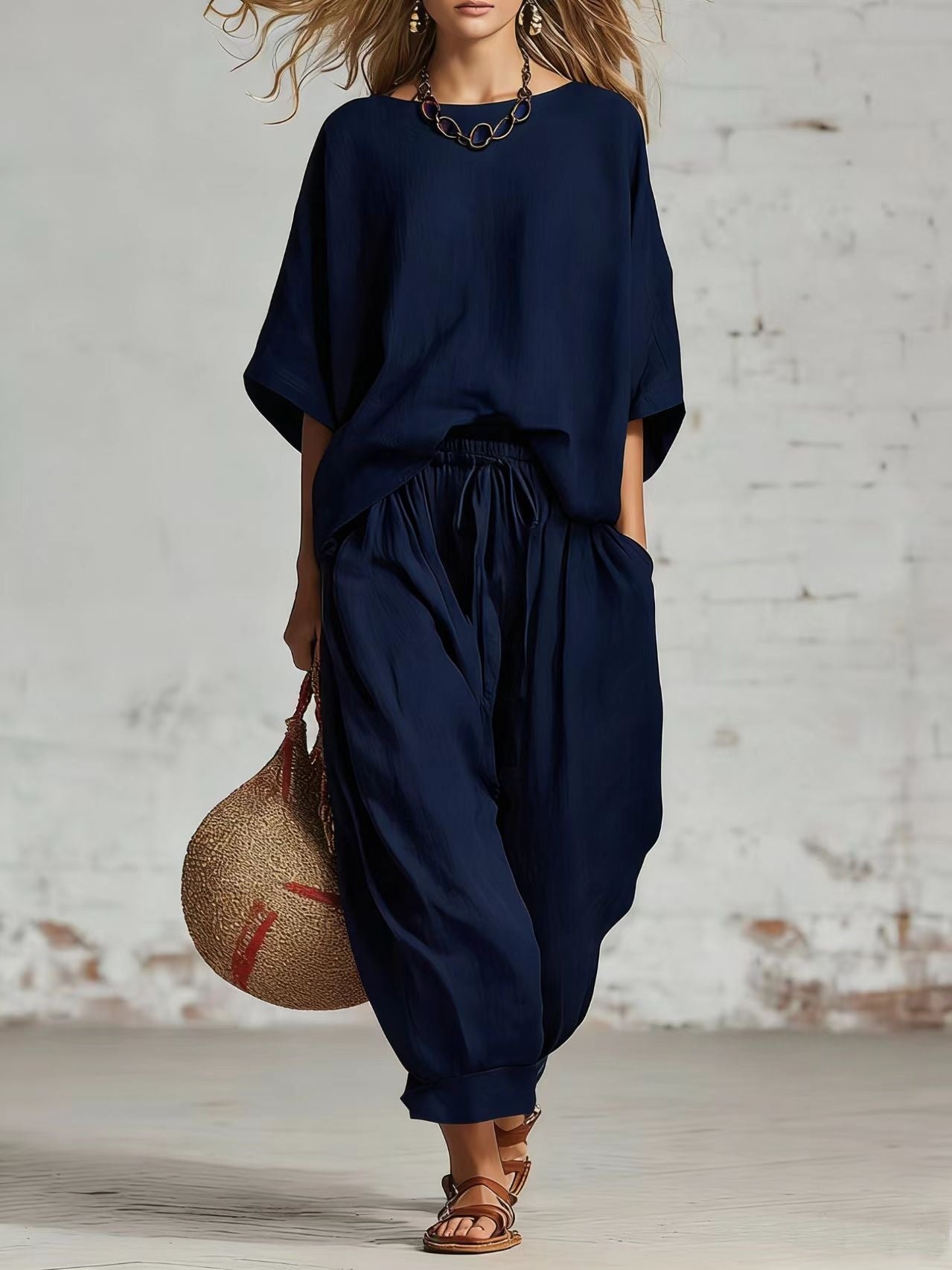 Women's Solid Color Loose Casual Set – T-Shirt & Ankle Pants