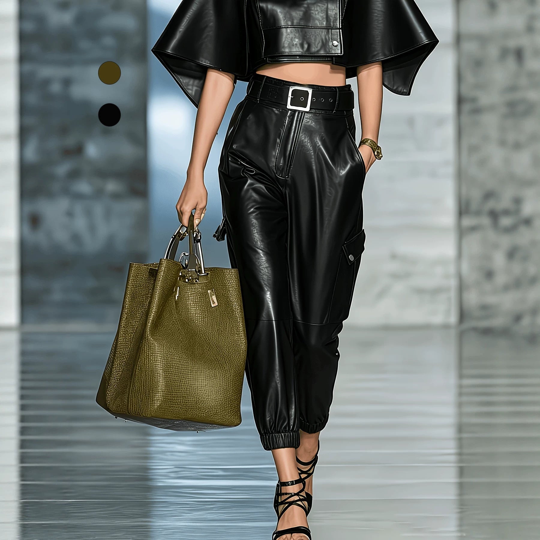 Women's PU Leather Streetwear Pants – Elastic Waist Side Pocket Full Length Trousers