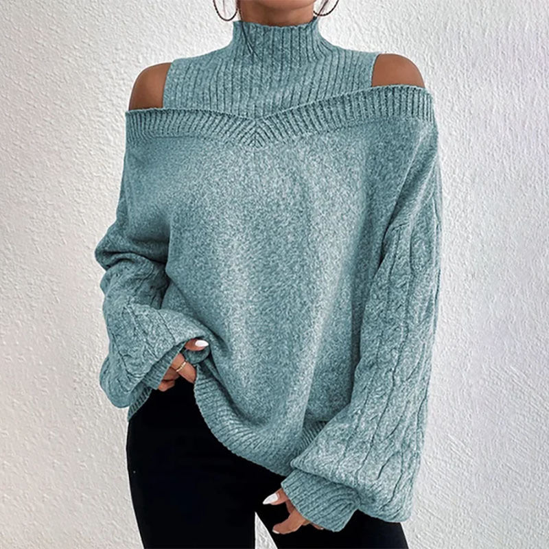 Women’s Elegant Off-Shoulder Turtleneck Sweater — Long Sleeve Knit Top