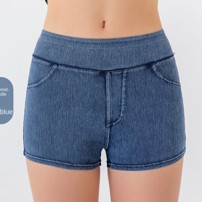 Denim-Look High-Waist Hip-Lifting Yoga Shorts – Slimming Tummy Control Fitness Shorts