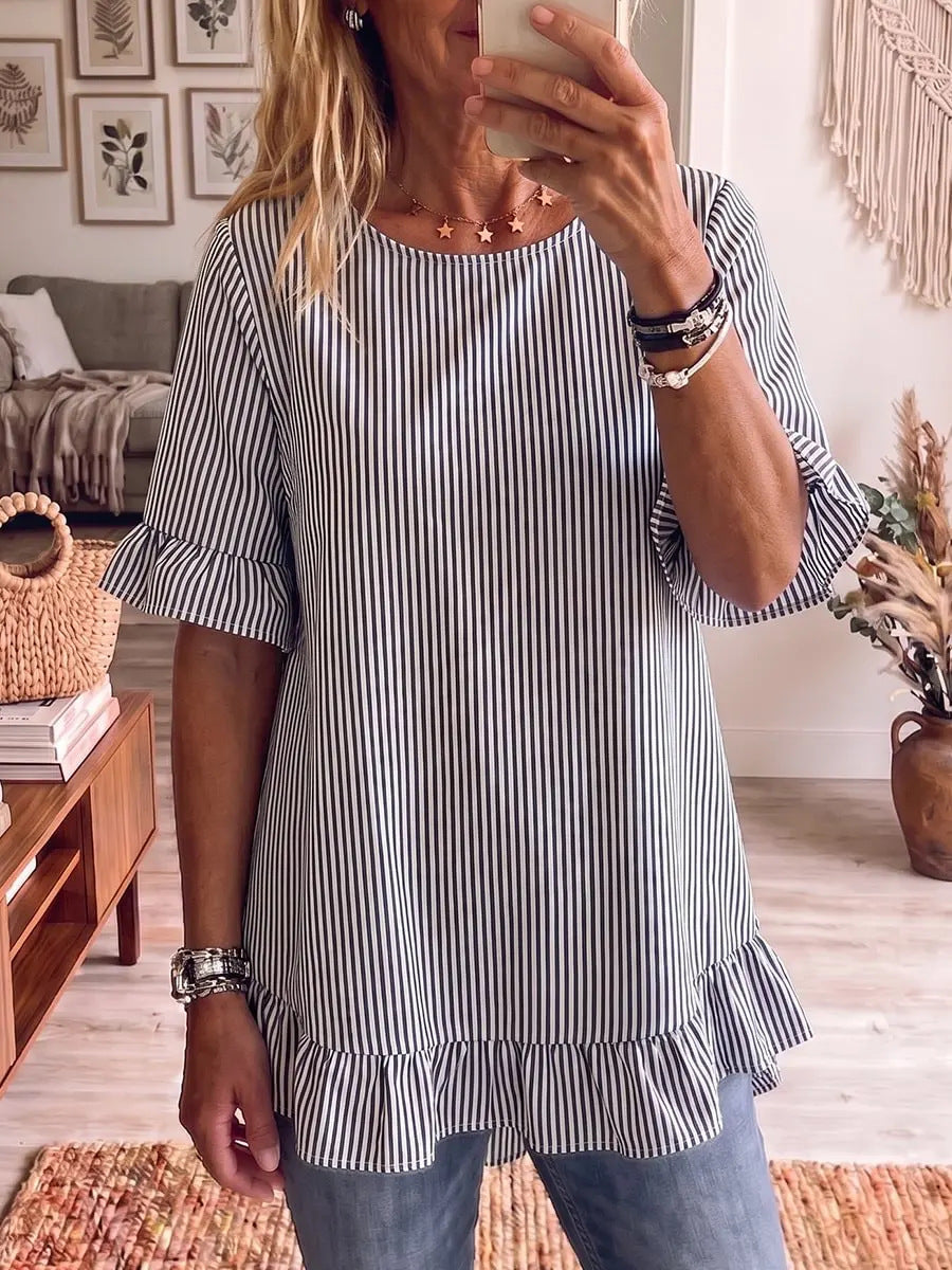 Women's Striped Ruffle-Sleeve Loose-Fit Blouse – Three-Quarter Sleeve