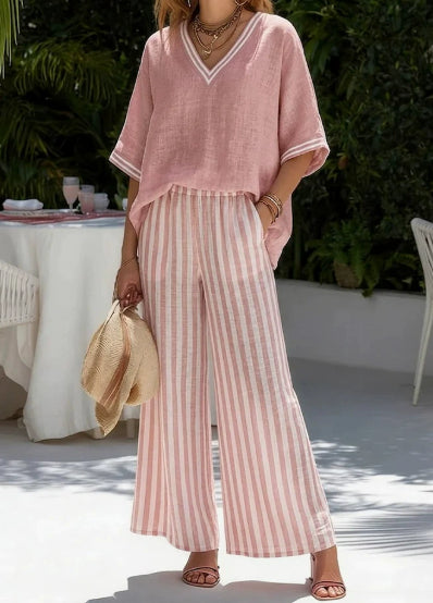 Women's Striped Tunic Top & Casual Trousers Two-Piece Set