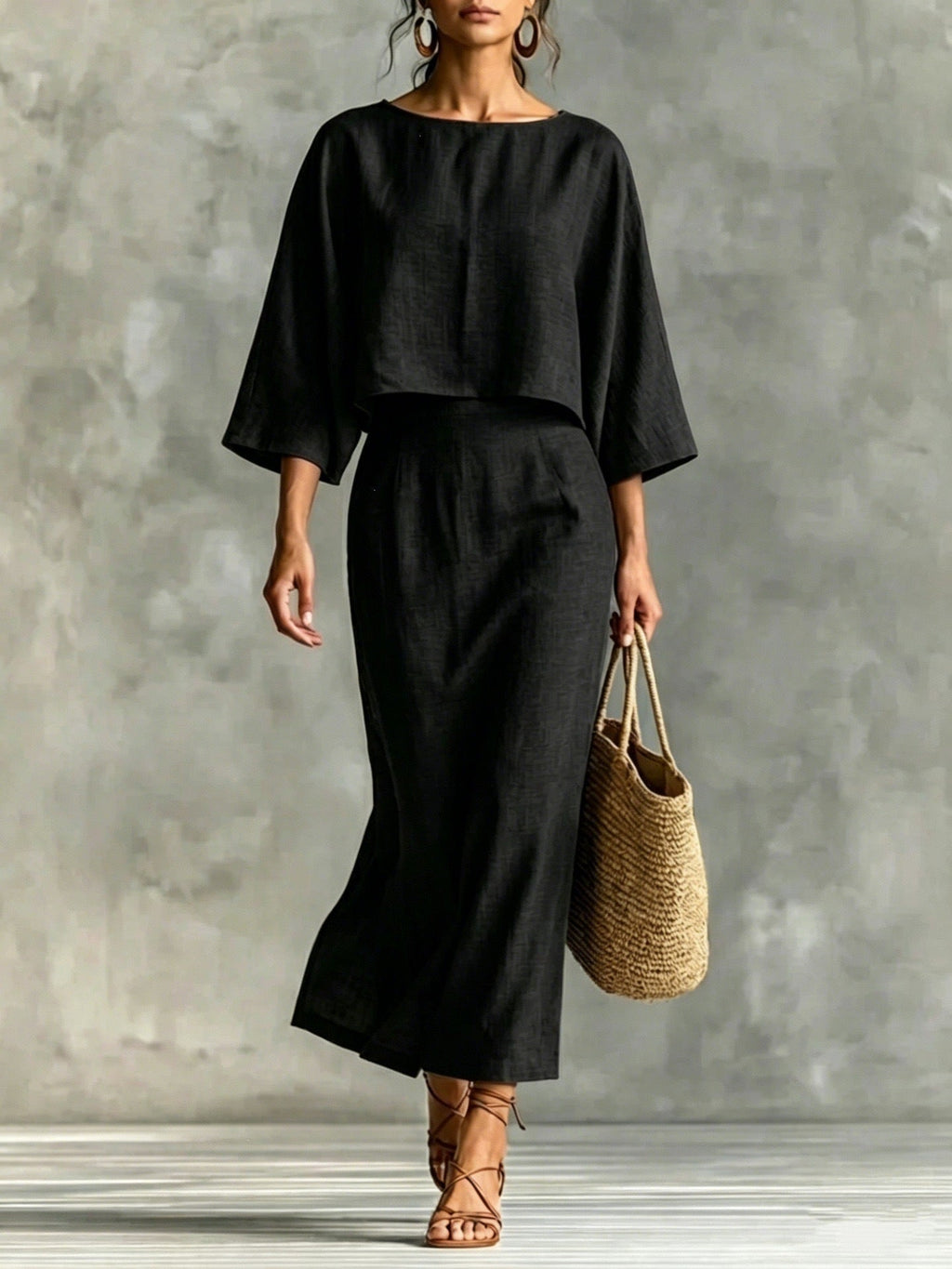 High Waist Long Skirt & 3/4 Sleeve Loose Top Set