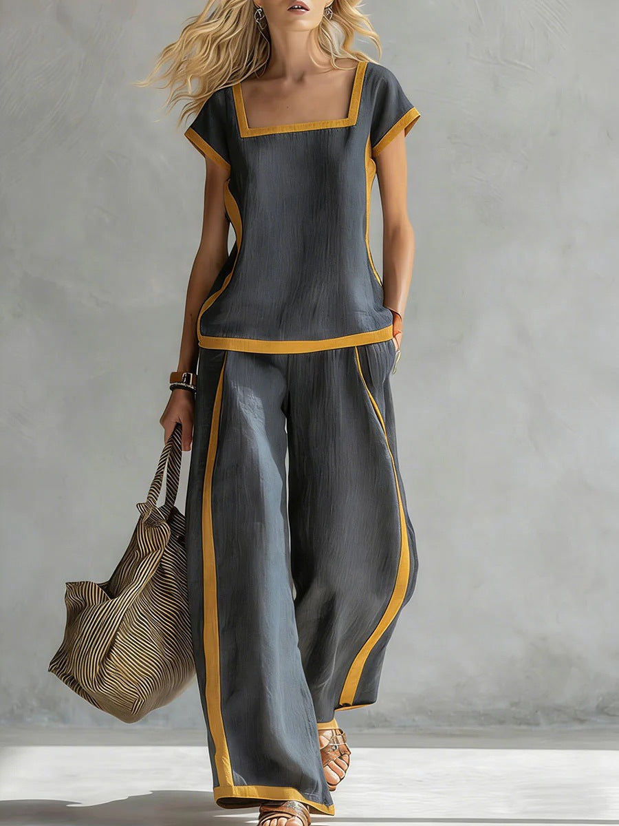 Square-Neck Three-Quarter Sleeve Loose Top & Pants Two-Piece Set