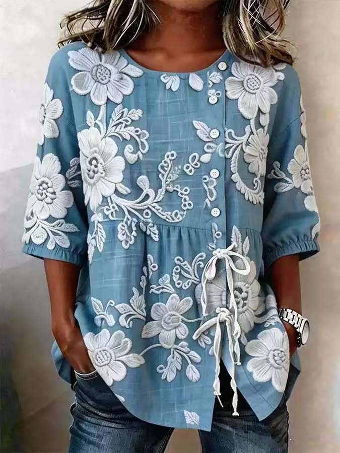 Women's Floral 3D Print Pullover Top – Loose Fit Elegant Casual S to 3XL