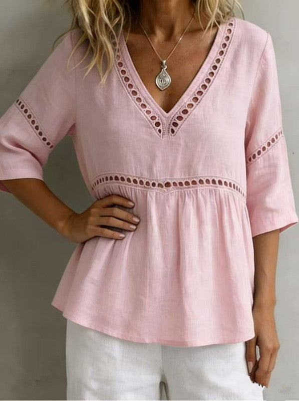Women's V-Neck Hollow-Out Fringe Cotton-Linen Top