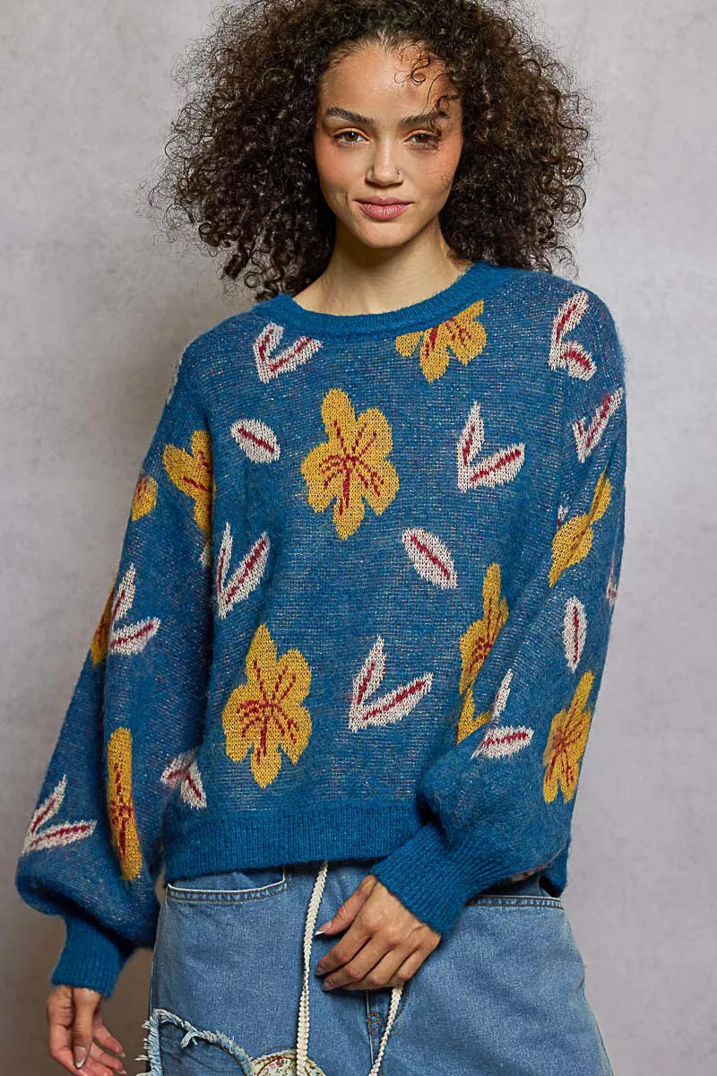 POL Floral Pattern Round Neck Balloon-Sleeve Sweater