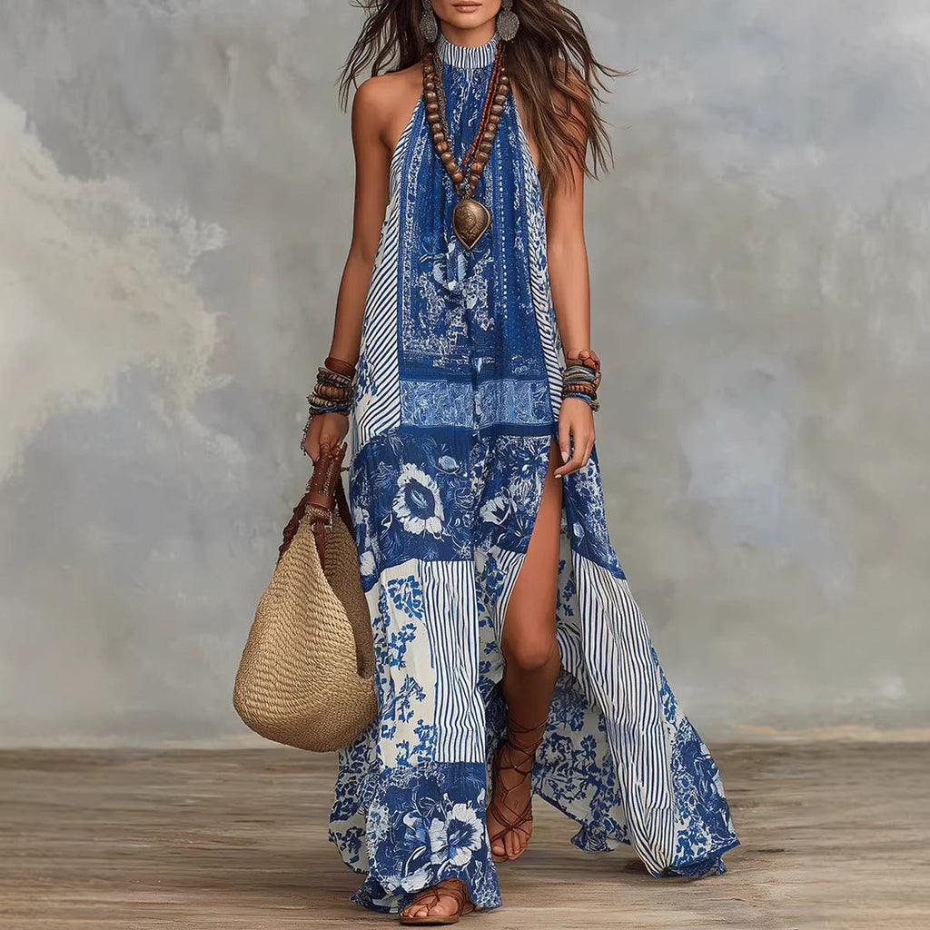 Women's Printed Halterneck Split Maxi Dress – Loose Fit Sleeveless
