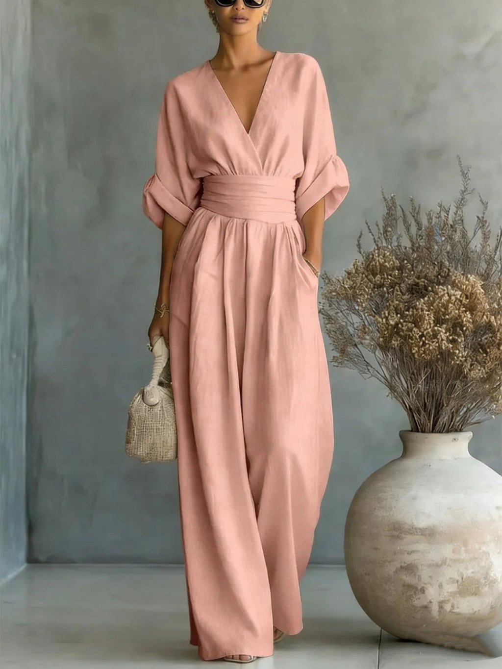Women's V-Neck Wide-Leg Jumpsuit – High Waist Pleated Elegant 11 Colors S–5XL