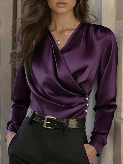 Women's Elegant Cross V-Neck Blouse, Ruffle Detail Button Accent Office Shirt
