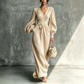 Women's Deep V-Neck Pleated Bishop Sleeve Smocked Waist Maxi Dress