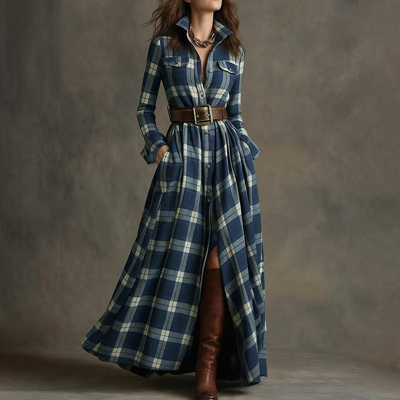 Women's Printed Lapel Slim-Fit Dress – Elegant Commuter Style
