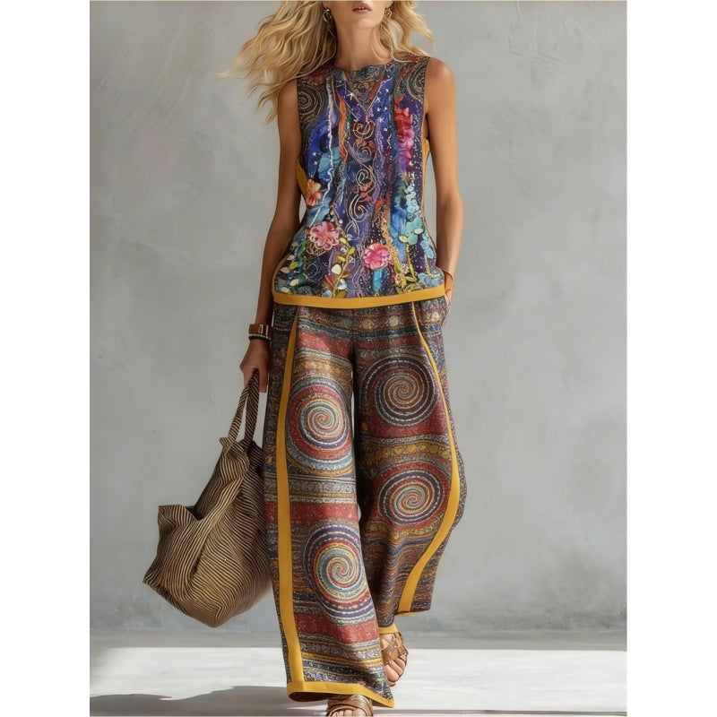 Printed Retro Sleeveless Top & Wide-Leg Pants Set | 12 Prints S–5XL