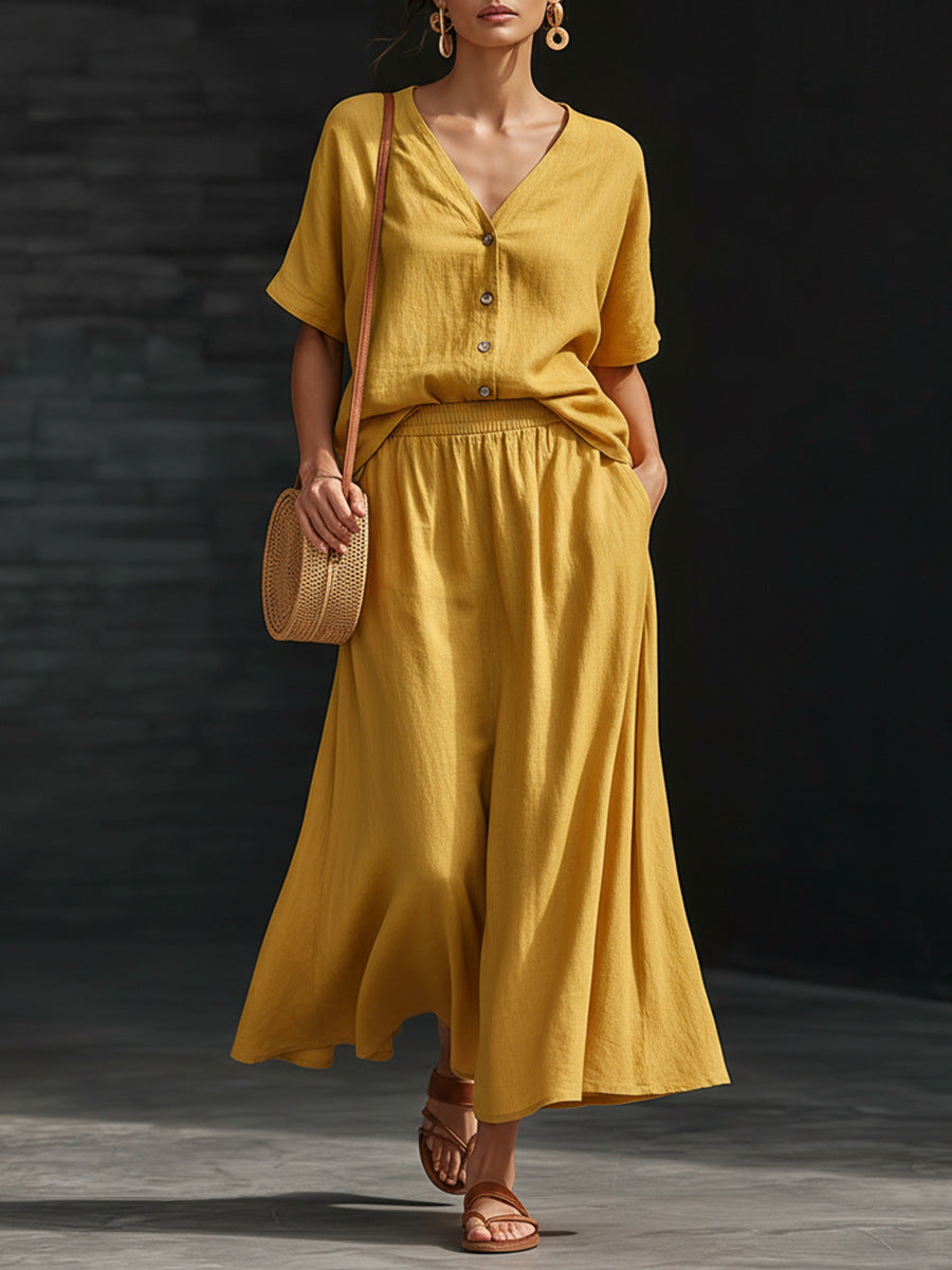 Women's V-Neck Button-Up Top & Long Skirt Set