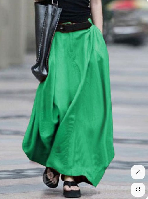 Women's High-Waist Flared Maxi Skirt – Solid Color Cotton Linen with Pockets