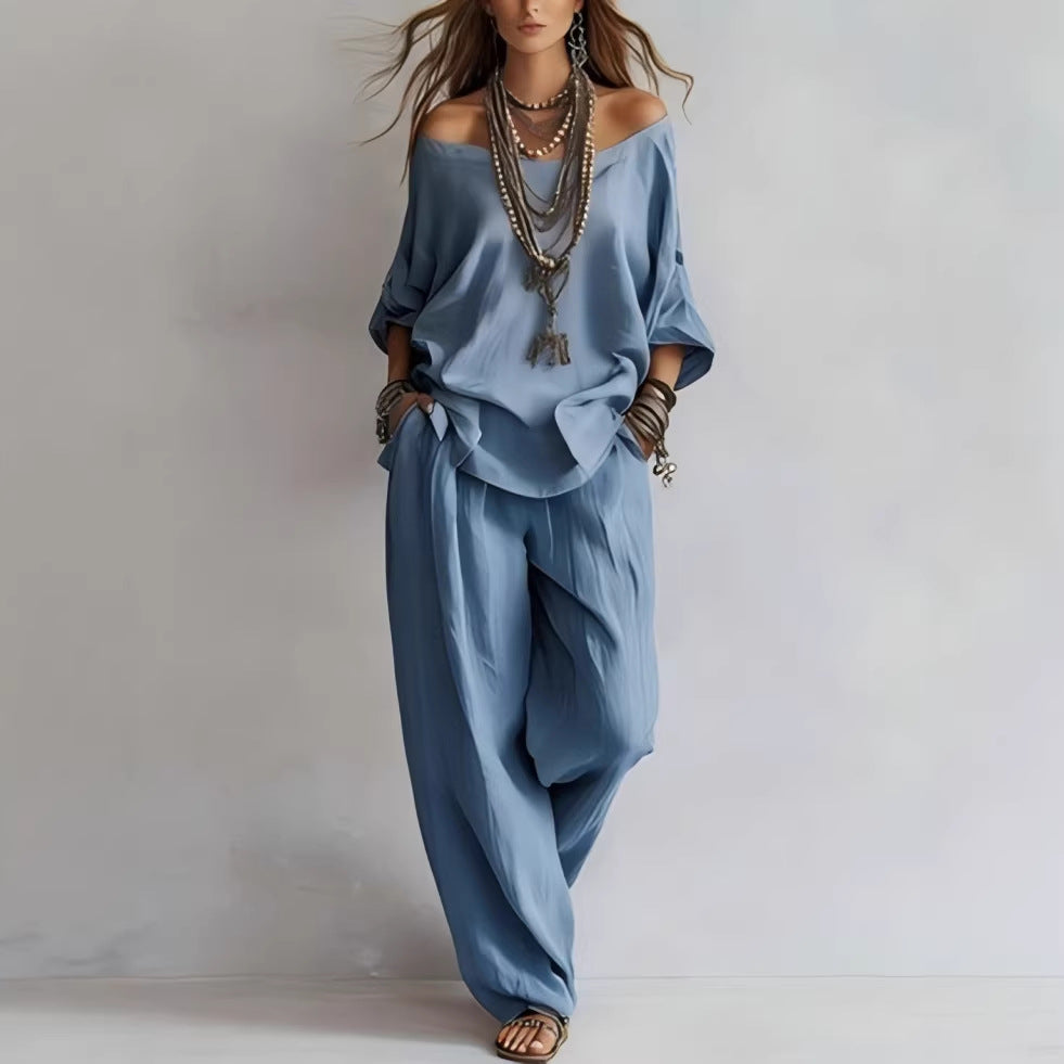 Chiffon Puff-Sleeve Top & Wide-Leg Pants Set – 15 Colors