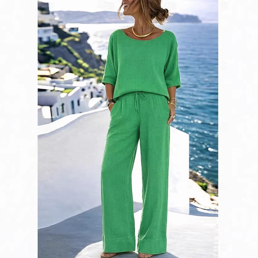 Women's Resort Set – Short Sleeve Top & Wide-Leg Pants