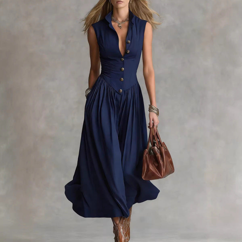 Women's Sleeveless Lapel Collar Maxi Dress – Slim Fit Patchwork