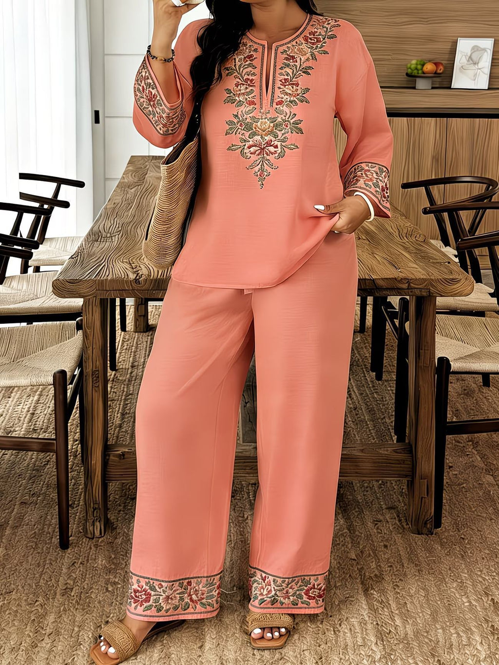 Women’s Ethnic Two Piece Set with Long Sleeve Shirt and Cropped Pants