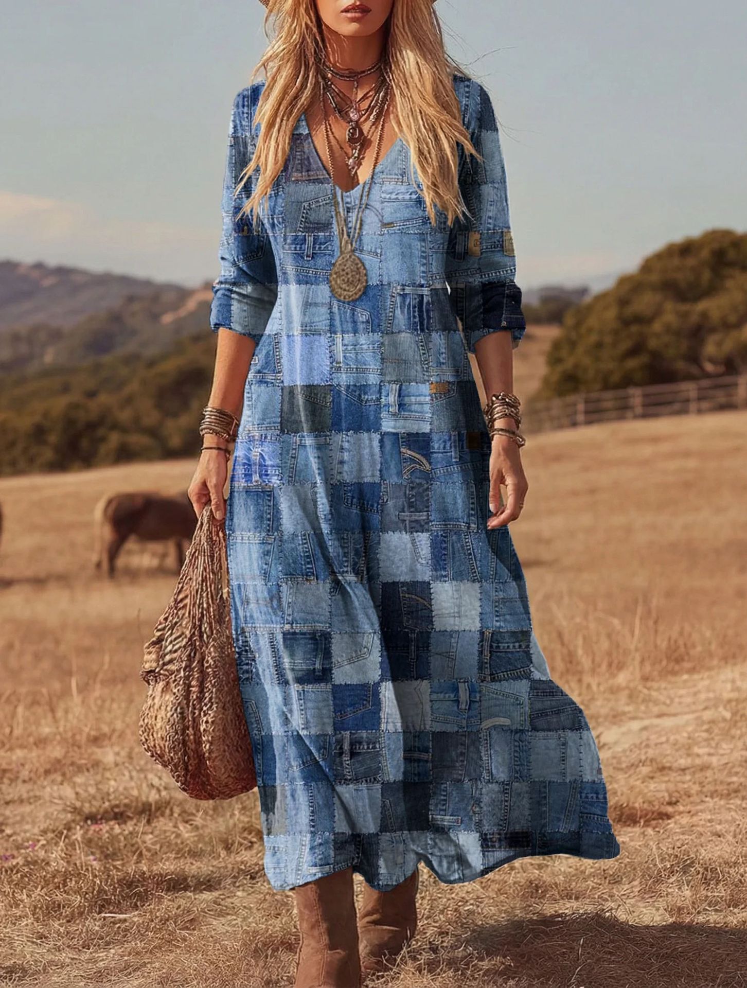 Women's Retro Chic 3D Print V-Neck Long-Sleeve A-Line Dress