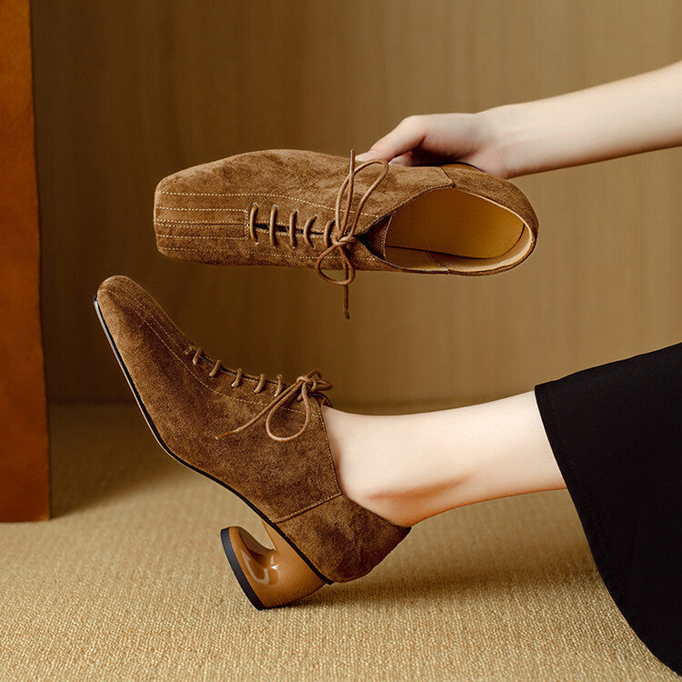Women's Retro Sheepskin Square Toe Chunky Heel Pumps – Lace-Up Mid Heel