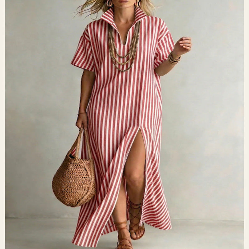 Women's Striped Slit Maxi Dress – V-Neck Short Sleeve