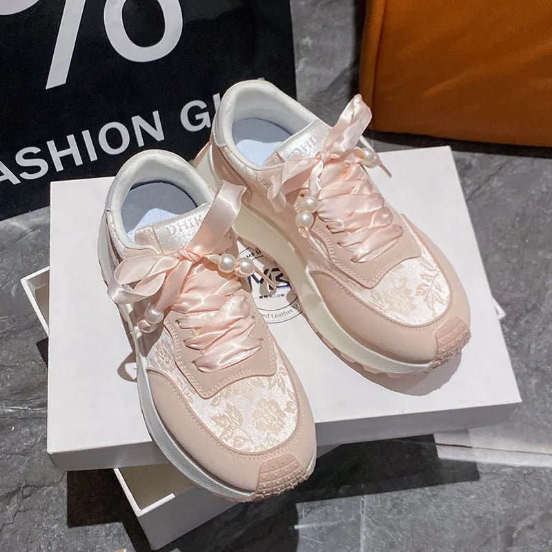 Lace-Up Platform Athletic Sneakers – PU Microfiber Mid Heel