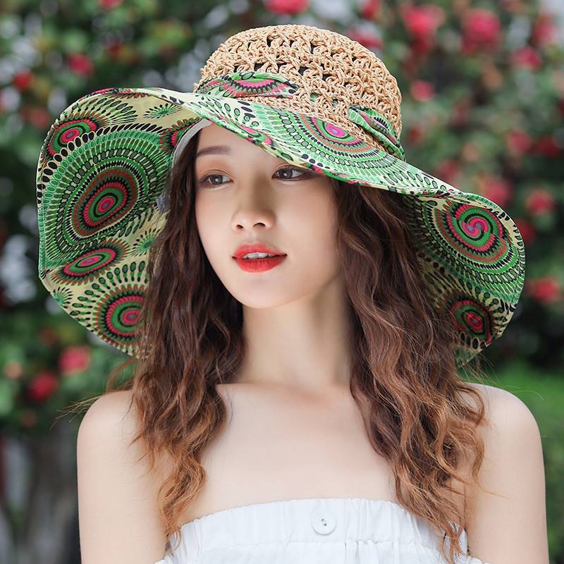 Women's Patterned Straw Beach Sun Hat – Round Crown UV Protection Summer Hat