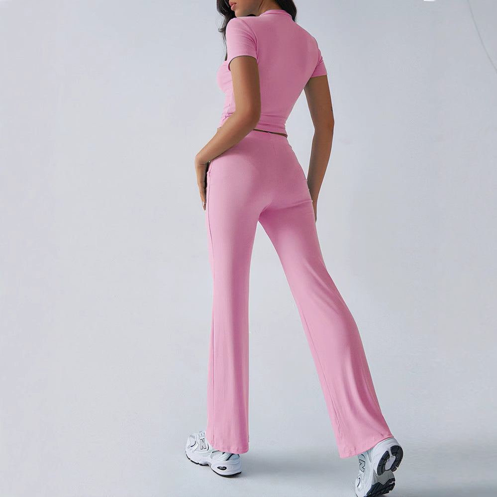 Crew Neck Short Sleeve Top & Full-Length Pants Set – Solid Color, 10 Colors