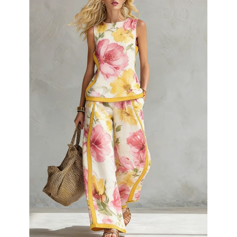 Printed Retro Sleeveless Top & Wide-Leg Pants Set | 12 Prints S–5XL