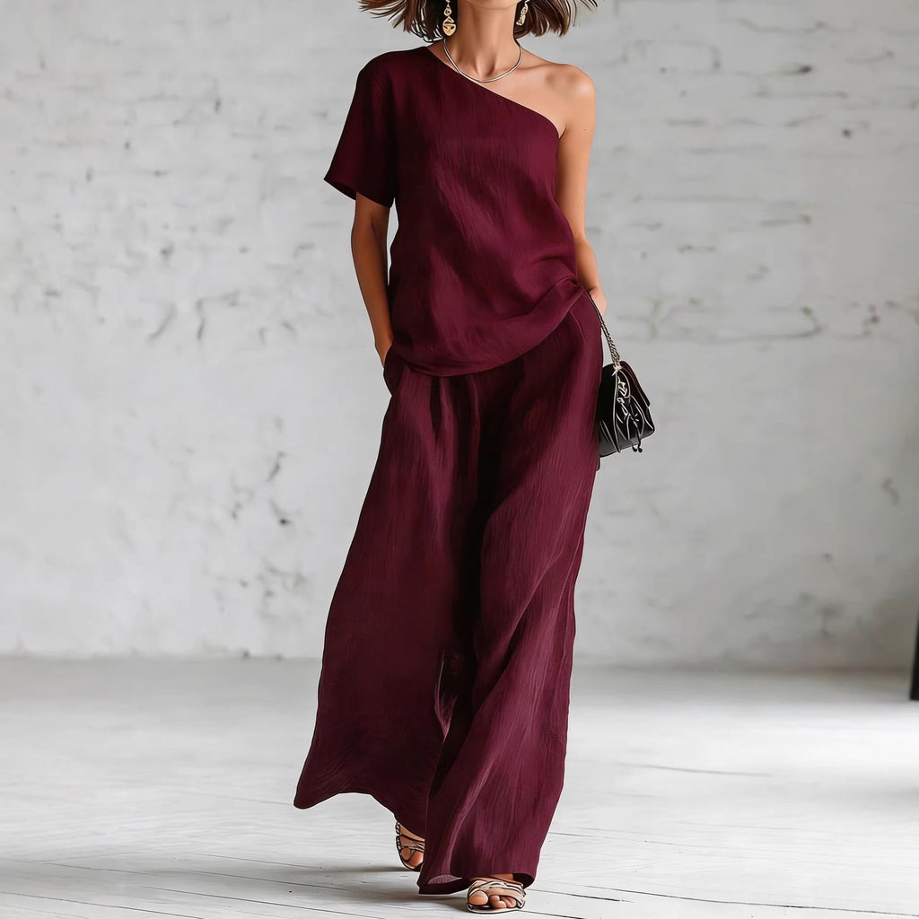 Women's Wide-Leg Pants & Top Set – 2-Piece Three-Quarter Sleeve Outfit