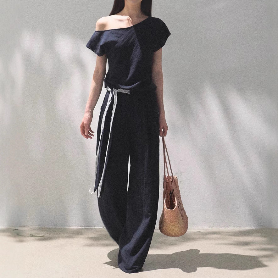 Linen Off-Shoulder Asymmetric Casual Set – 2 Colors, S–L