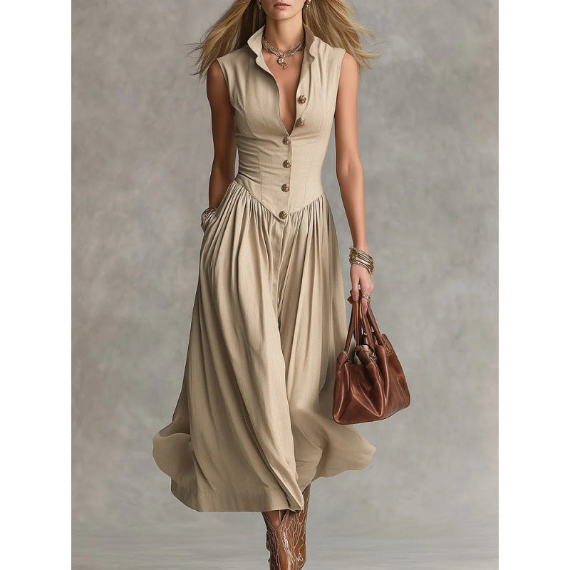 Women's Sleeveless Lapel Collar Maxi Dress – Slim Fit Patchwork