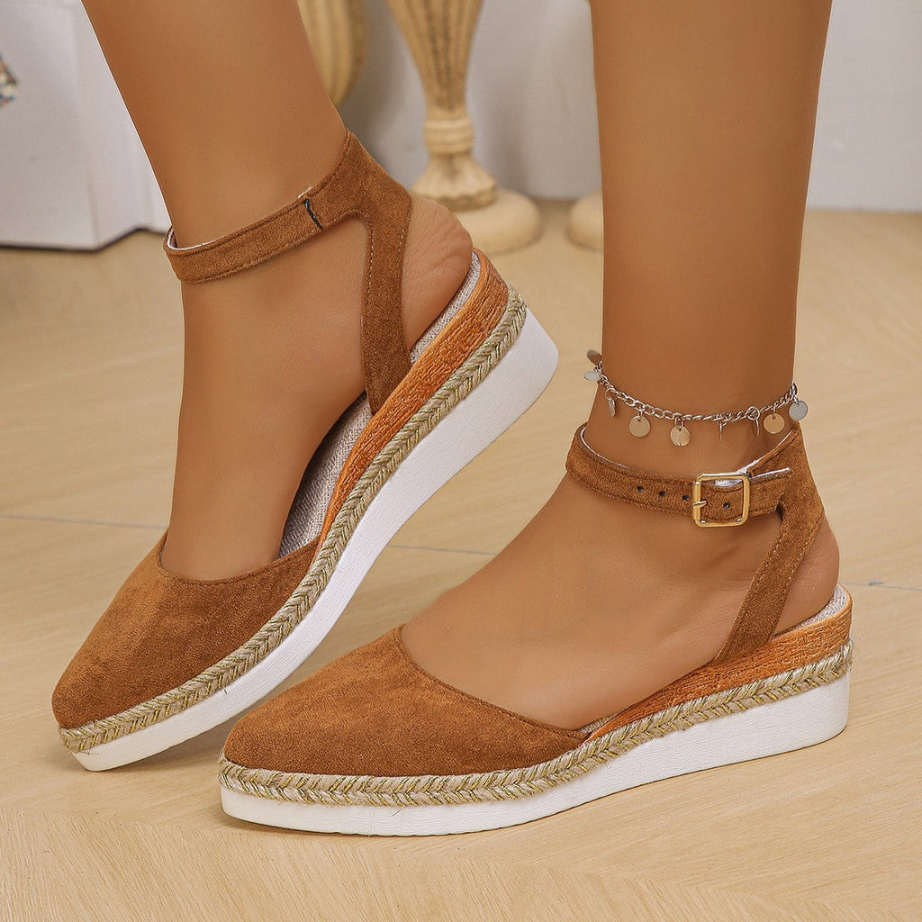 Women's Pointed Toe Espadrille Wedge Sandals with Ankle Buckle Strap