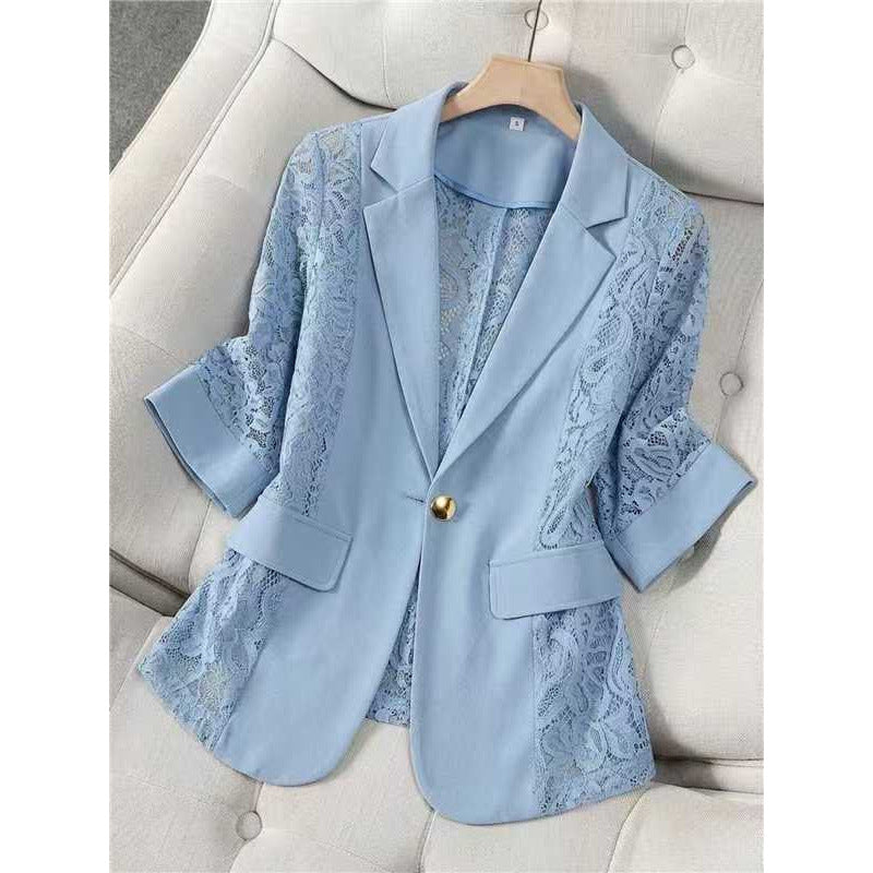 Women's Lace Patchwork Blazer | Three-Quarter Sleeve One-Button Suit Jacket in White & Black