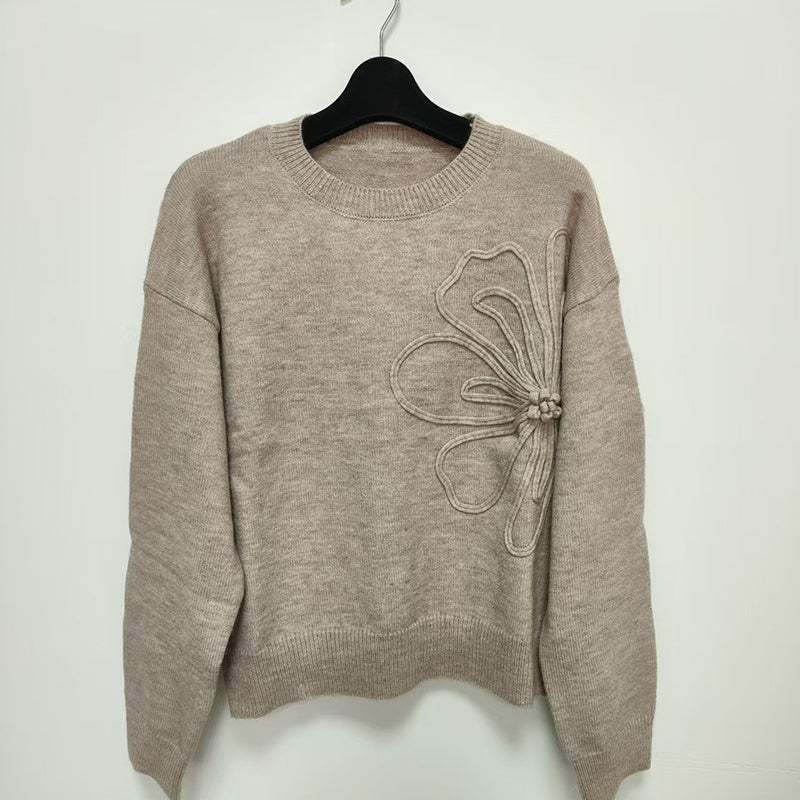 Women's Elegant Floral Sweater - Crew Neck Long Sleeve Casual Pullover