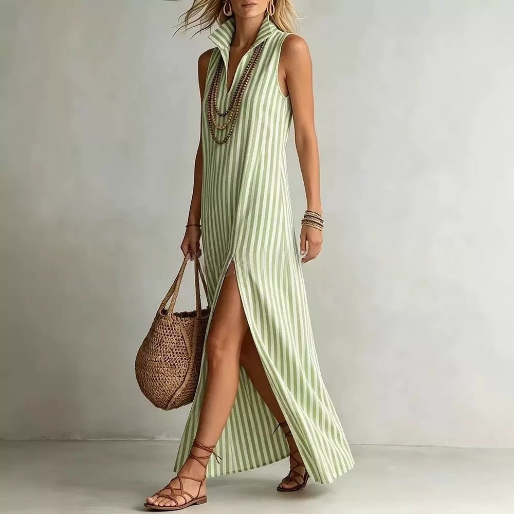 Striped Stand Collar Side-Slit Sleeveless Maxi Dress – A-Line Cami