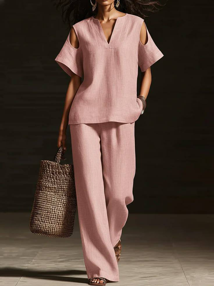 V-Neck Short Sleeve Top & Straight-Leg Pants Set – Ripped Detail, Pockets, Solid Color