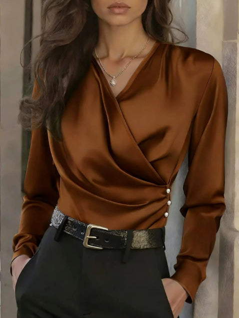 Women's Elegant Cross V-Neck Blouse, Ruffle Detail Button Accent Office Shirt
