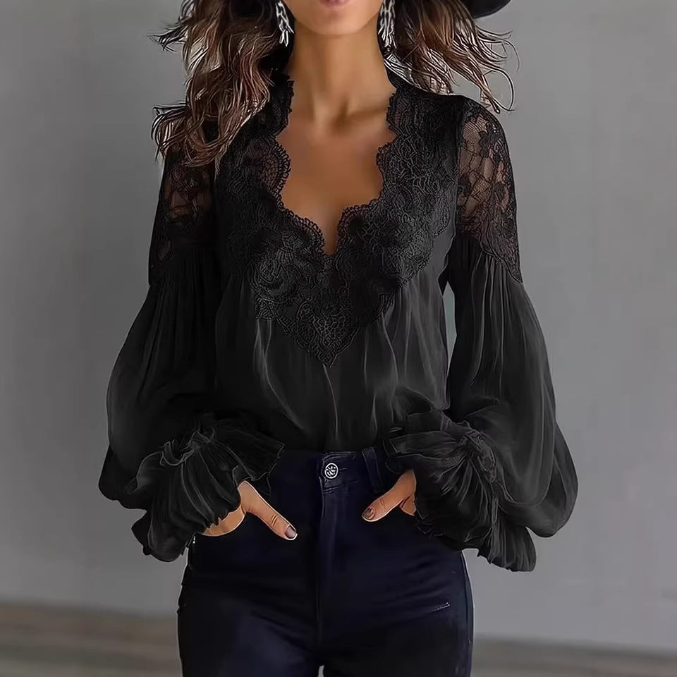 Lace-Panel Puff Sleeve Pleated Ruffle Shirt | Ballet Style