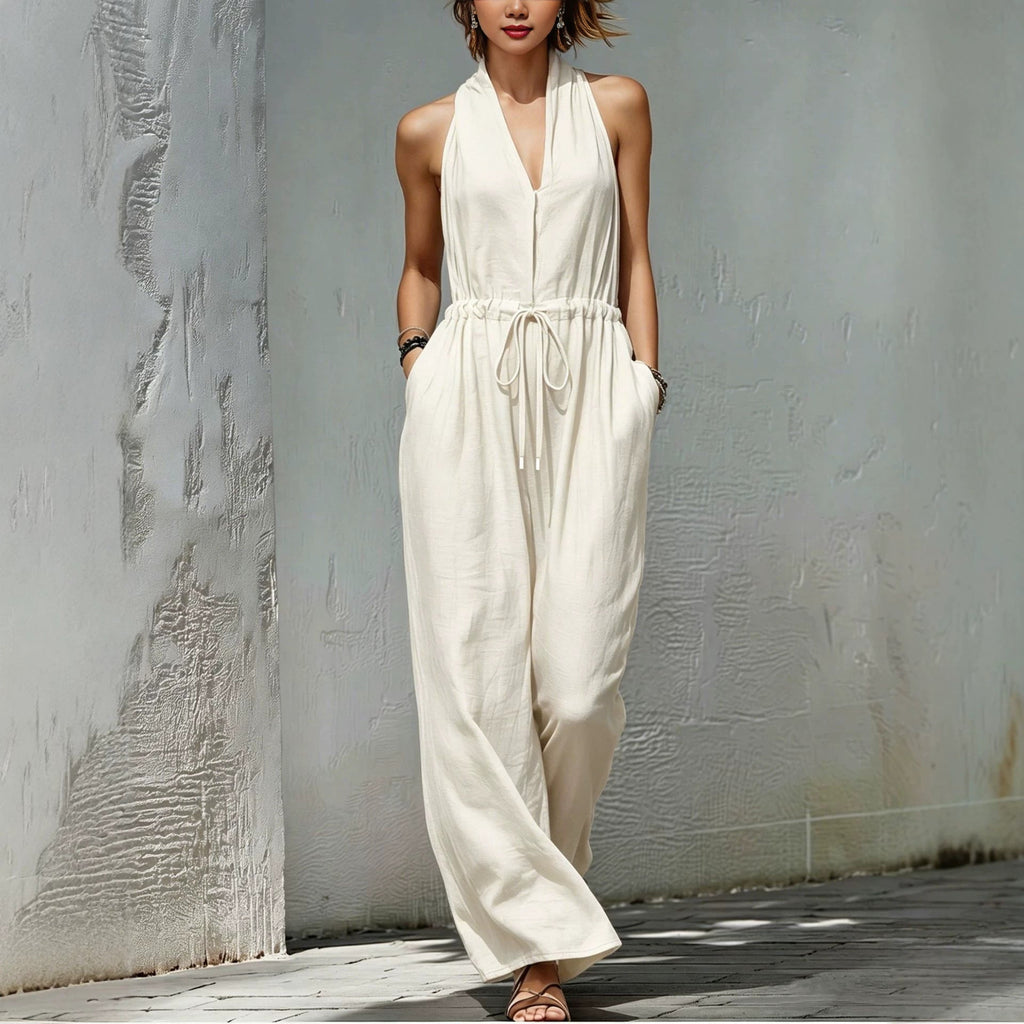 Women's Sleeveless Halter Neck Solid Color Long Jumpsuit