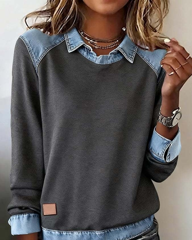 Denim Collar Patchwork Pullover Knitwear Top – Women’s Street Style