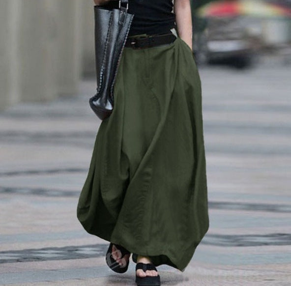 Women's High-Waist Flared Maxi Skirt – Solid Color Cotton Linen with Pockets
