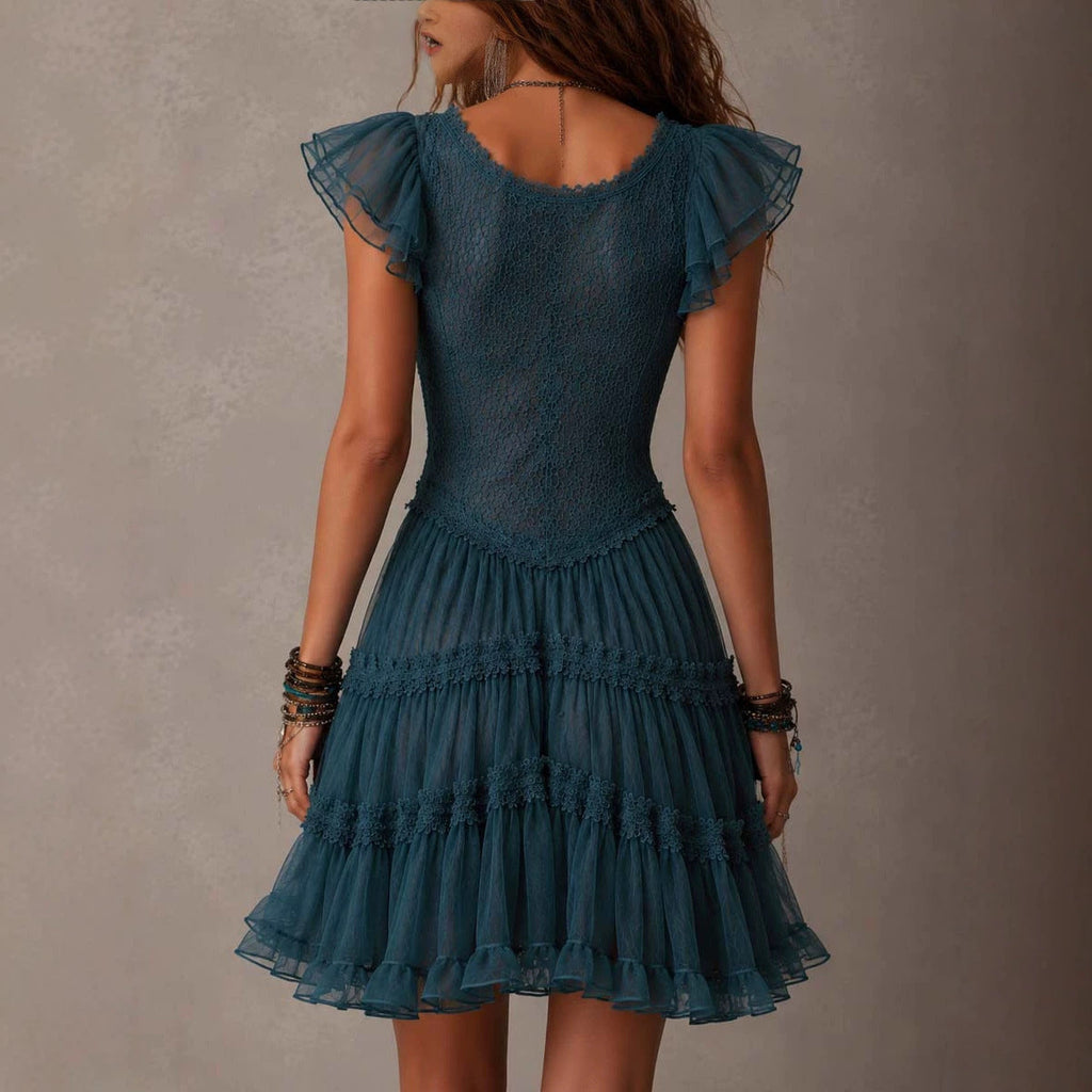 Women's Lace Flutter Sleeve V-Neck Tie Waist Layered Tulle Cake Mini Dress – Navy Blue
