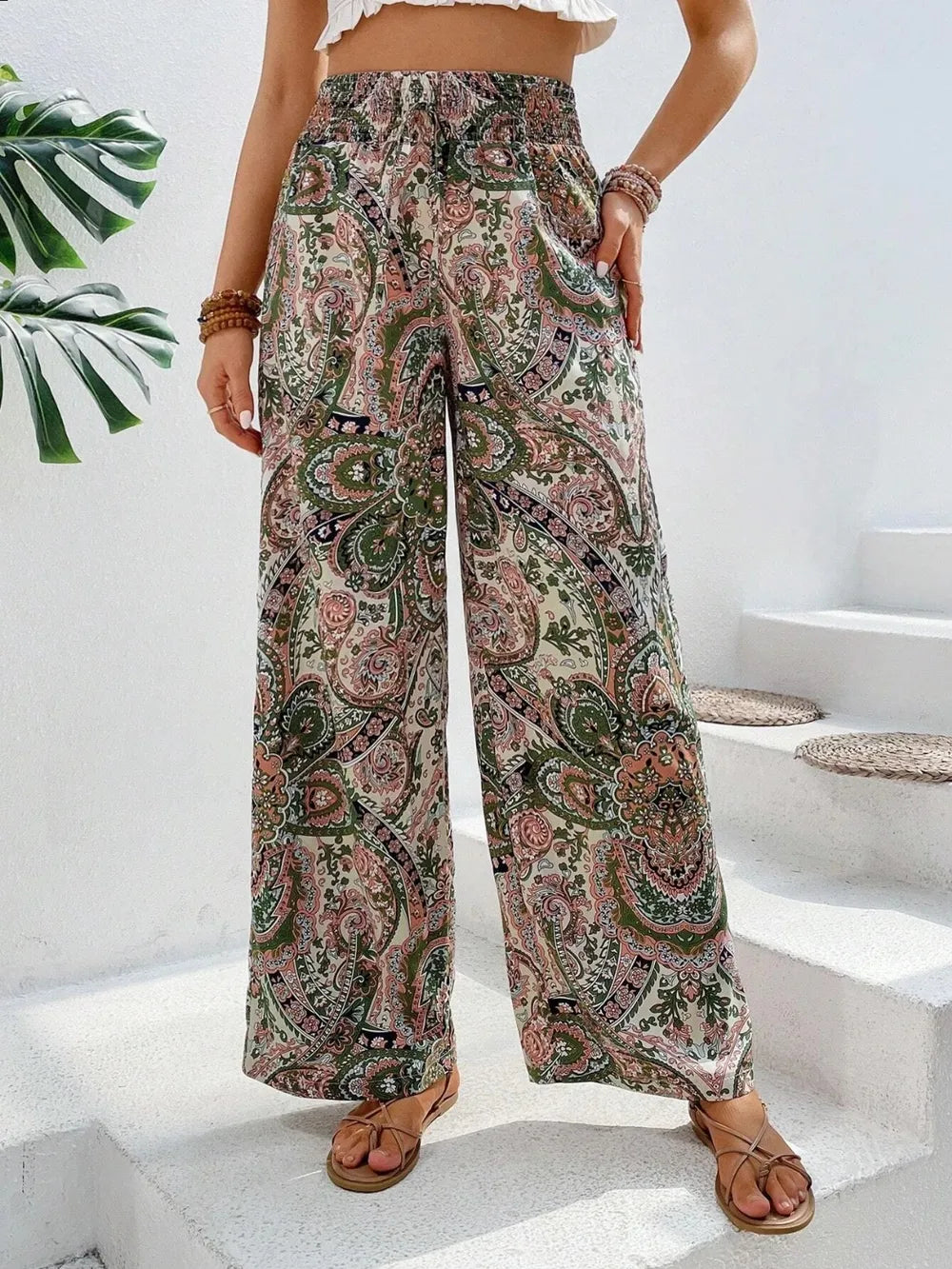 Women's Paisley Print Wide-Leg Pants – Boho Smocked Elastic Waist Tie-Up Flowy Trousers