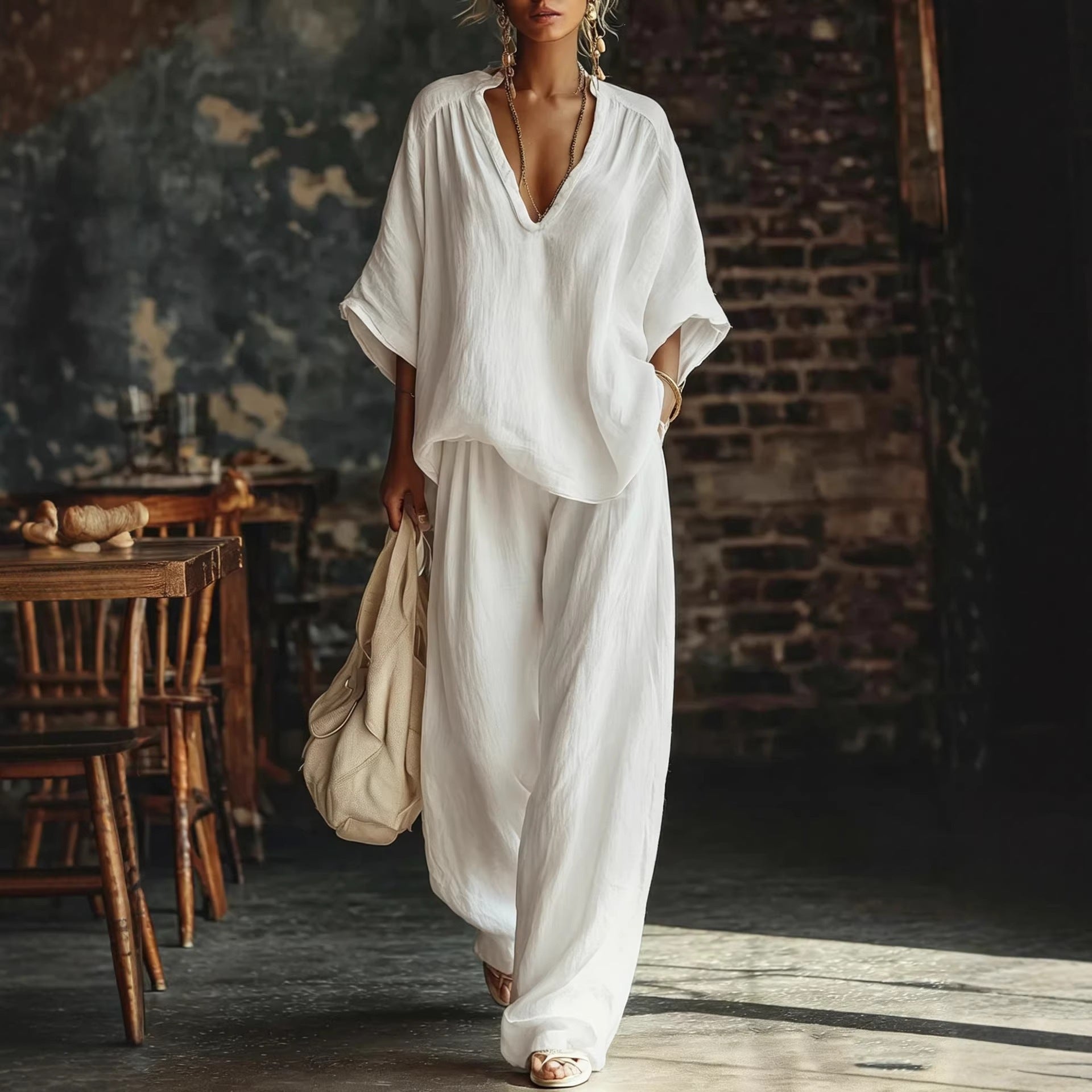 V-Neck Loose Short-Sleeve Top & Pants Set – 5 Colors, S–4XL