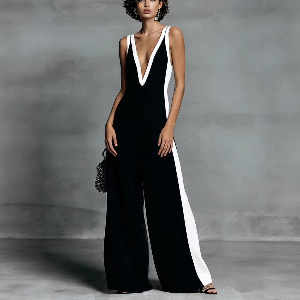 Women's Color-Block Sleeveless V-Neck Wide-Leg Jumpsuit – French Style Long Pants